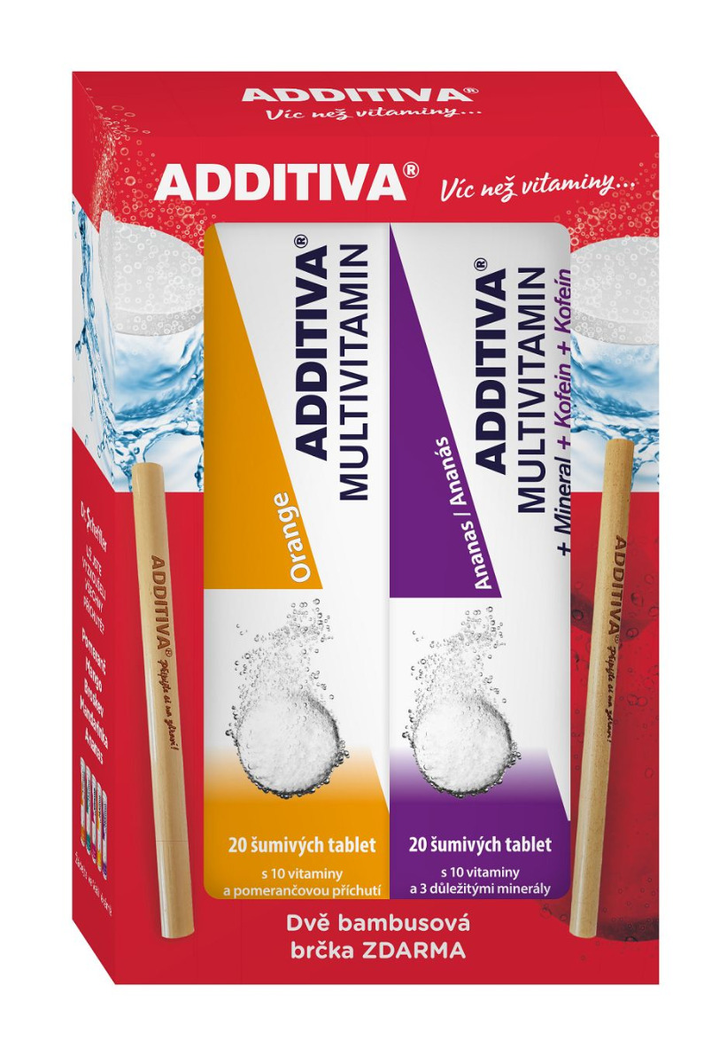 Additiva Multivitamin pomeranč + ananas 2x20 šumivých tablet + 2x bambusové brčko Additiva