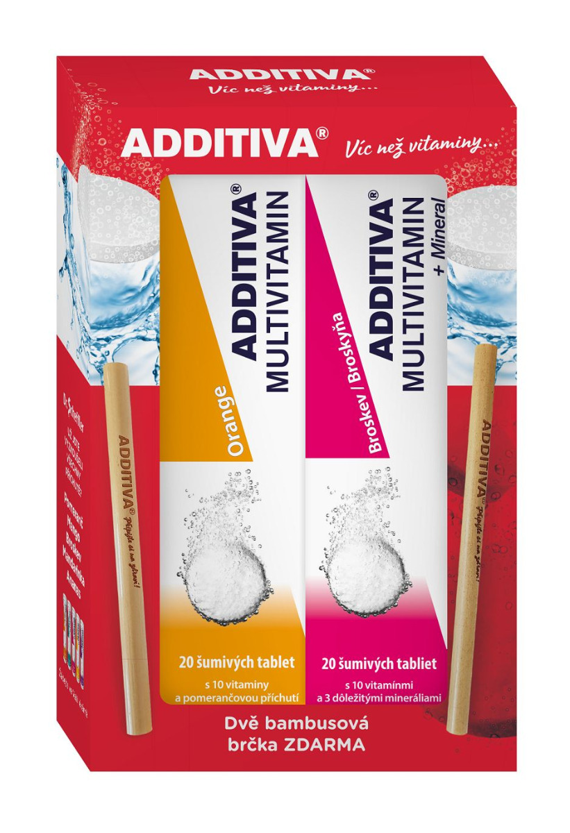 Additiva Multivitamin pomeranč + broskev 2x20 šumivých tablet + 2x bambusové brčko Additiva