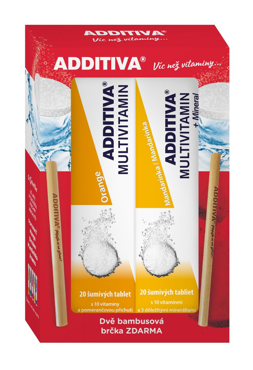 Additiva Multivitamin pomeranč + mandarinka 2x20 šumivých tablet 2x bambusové brčko Additiva