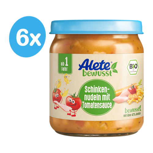 Alete BIO Příkrm těstoviny se šunkou v zeleninové omáčce 12m+ 6x250 ml Alete