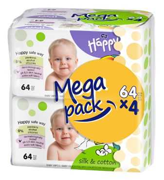 Bella Baby Happy Čistící ubrousky hedvábí a bavlna mega pack 4x64 ks Bella