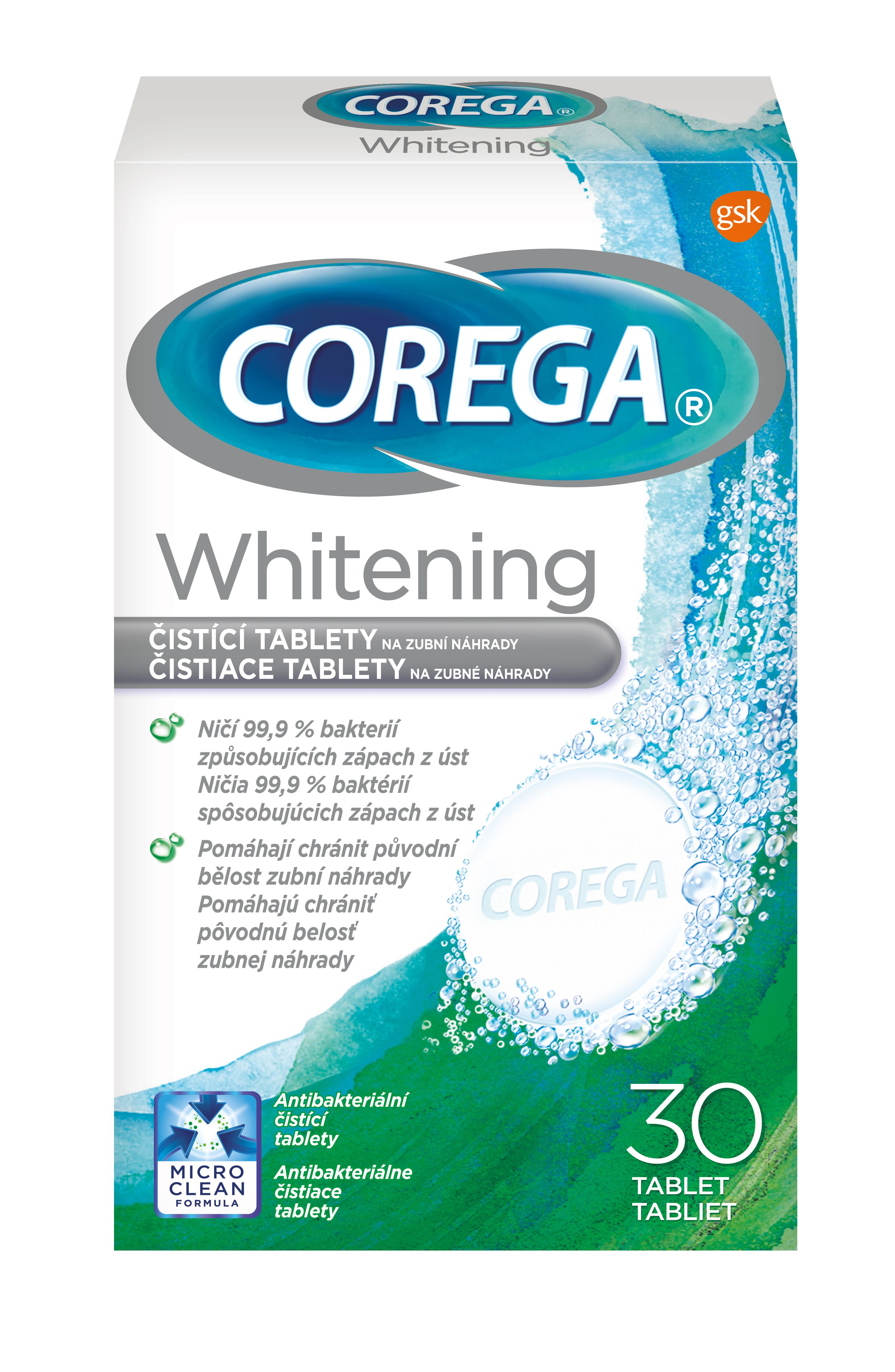 Corega Whitening Antibakteriální tablety 30 ks Corega