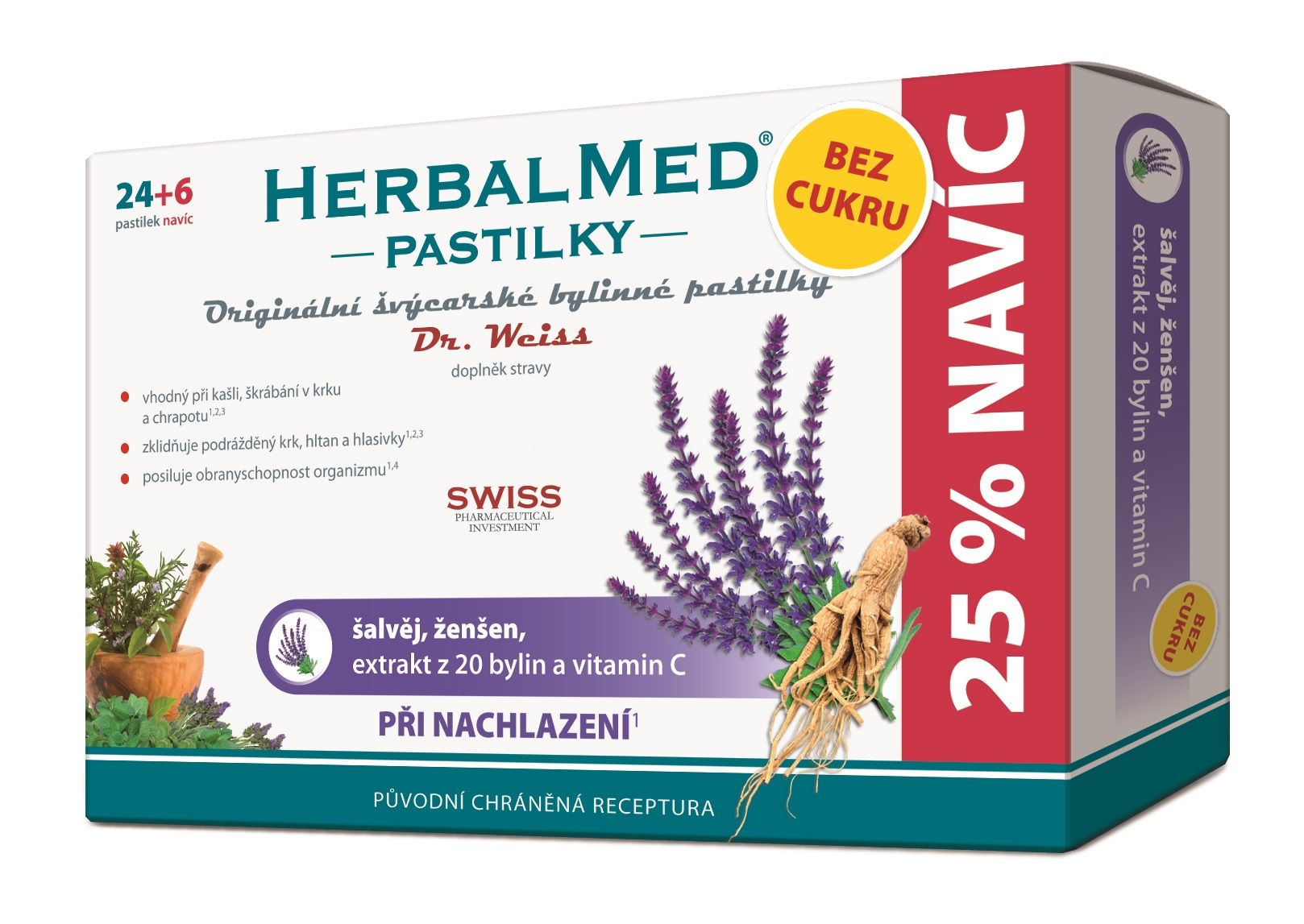 Dr. Weiss HerbalMed Šalvěj + ženšen + vitamin C BEZ CUKRU 24+6 pastilek Dr. Weiss