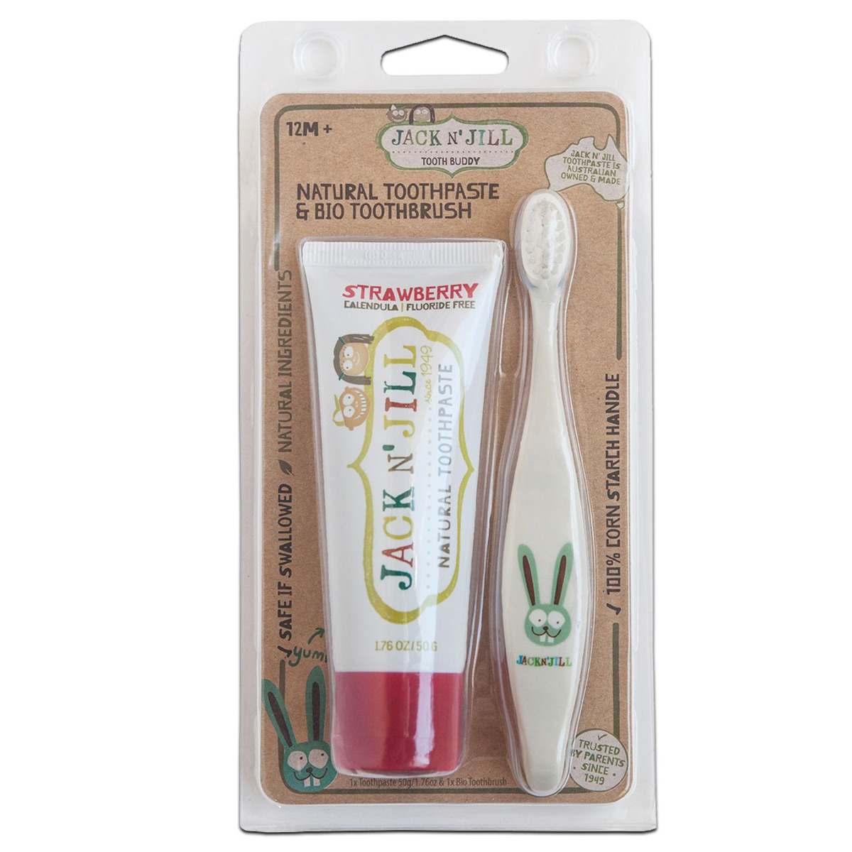 JACK N' JILL Přírodní dětská zubní pasta JAHODA 50 ml + BIO zubní kartáček ZAJÍC JACK N' JILL