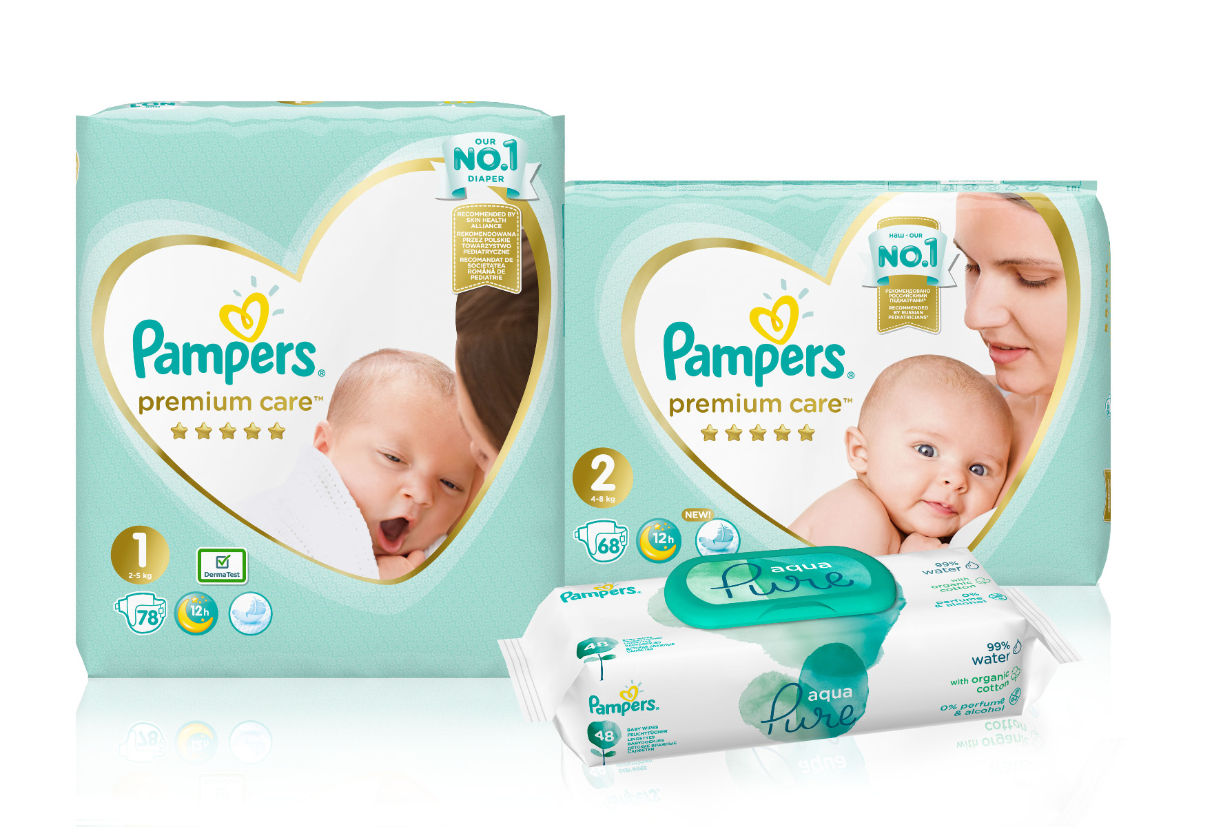 Pampers Premium Care Monthly Box S1 78 ks + S2 68 ks + Aqua Pure ubrousky 48 ks Pampers