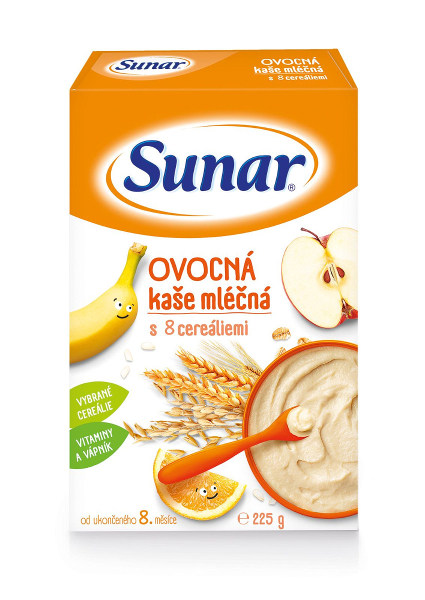 Sunar Mléčná kaše ovocná s 8 cereáliemi 225 g Sunar