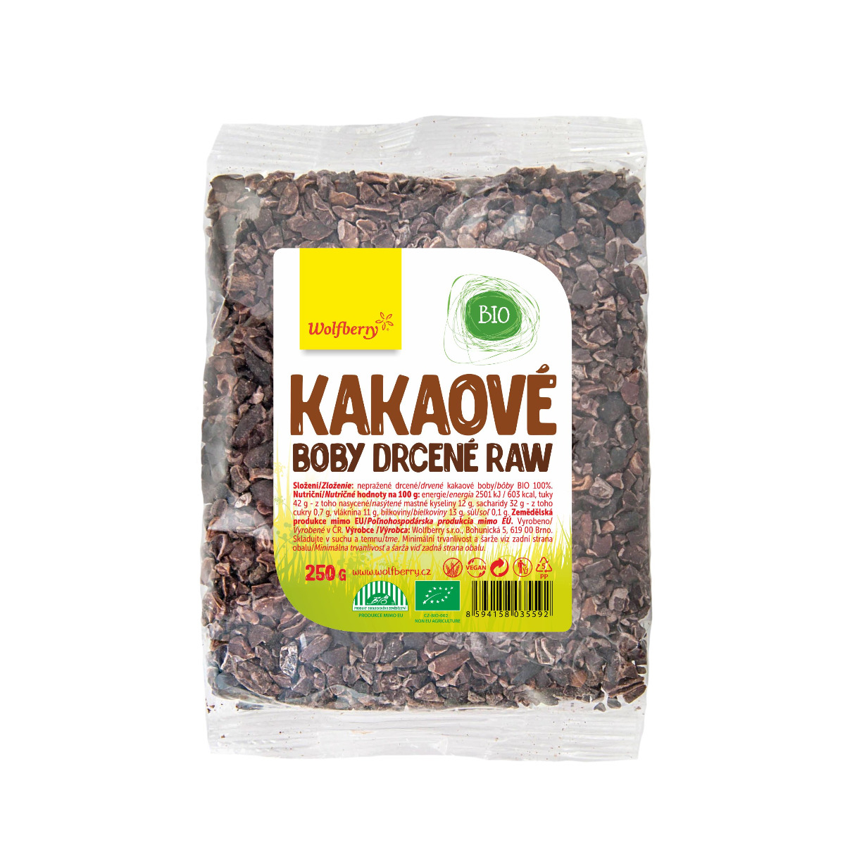 Wolfberry Kakaové boby drcené BIO 250 g Wolfberry