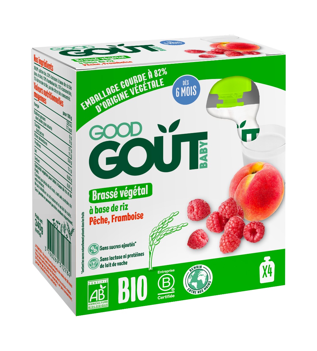 Good Gout BIO Rýžový dezert s broskví a malinou 6m+ 4x85 g Good Gout