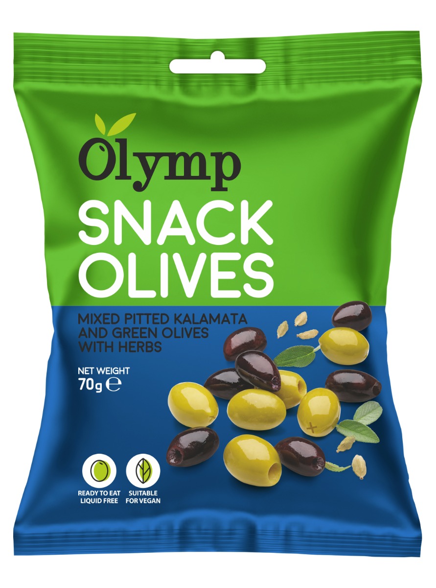 Olymp Mix Kalamata tmavé a zelené olivy bez pecky s bylinkami 70 g Olymp