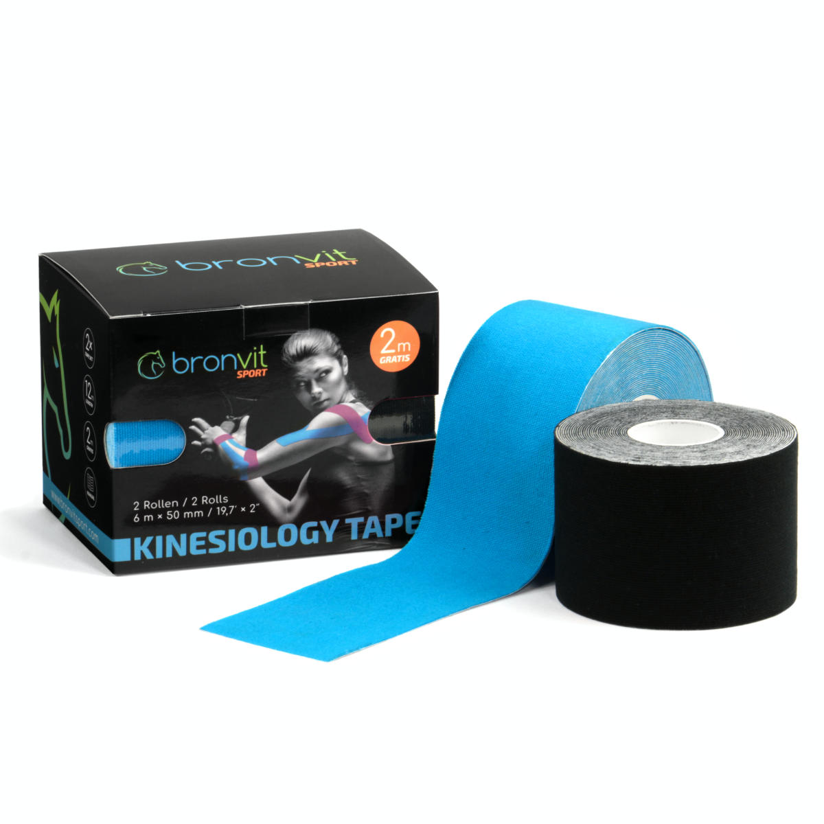 BronVit Sport Kinesio Tape set 5 cm x 6 m tejpovací páska 2 ks černá + modrá BronVit Sport