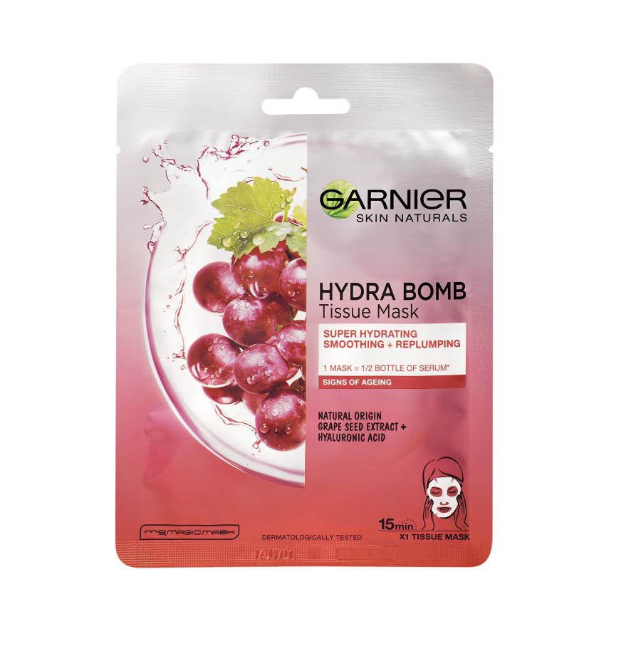 Garnier Skin Naturals Hydra Bomb vyhlazující a vyplňující textilní maska s výtažkem z hroznů 28 g Garnier