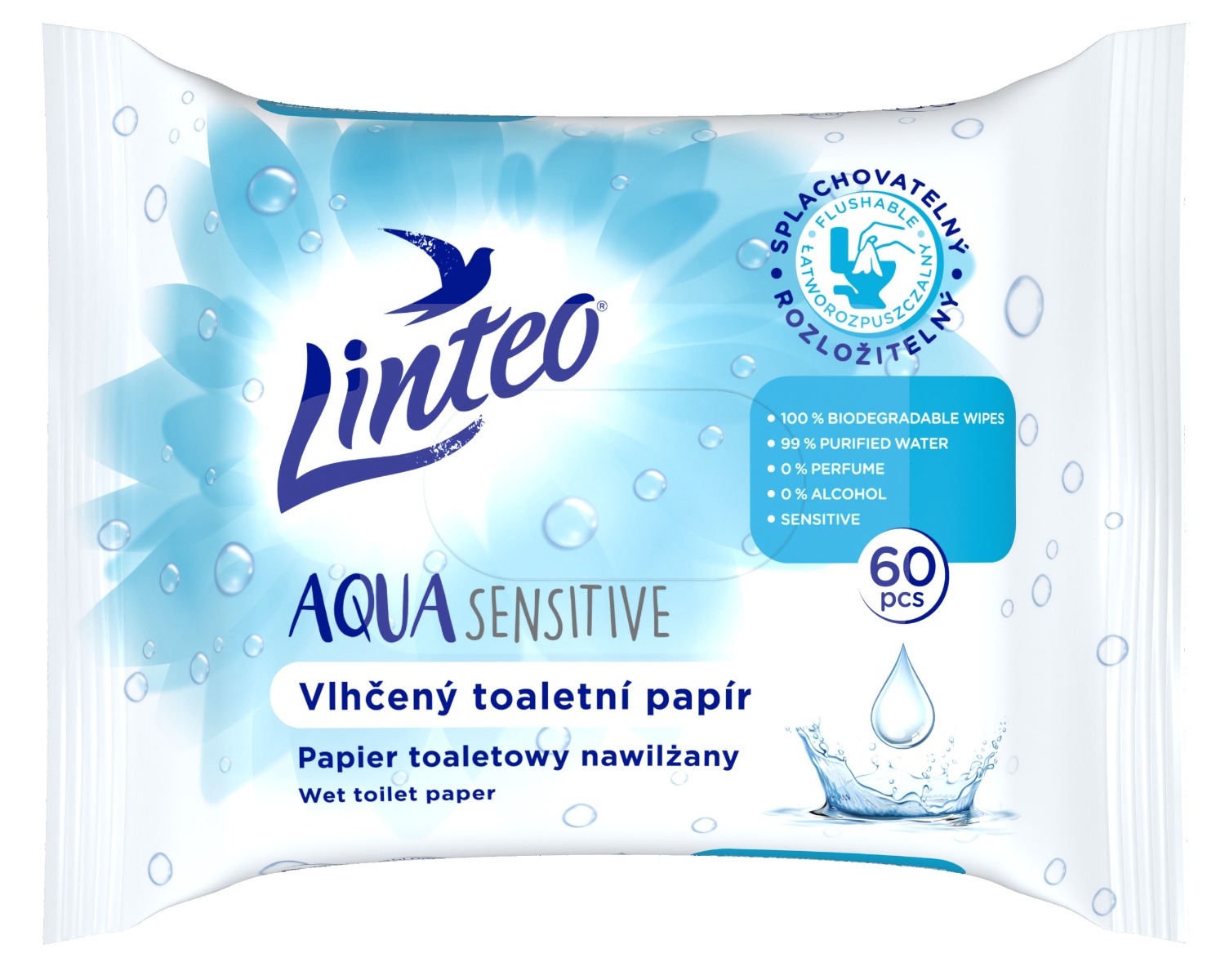Linteo AQUA Sensitive splachovatelný vlhčený toaletní papír 60 ks Linteo