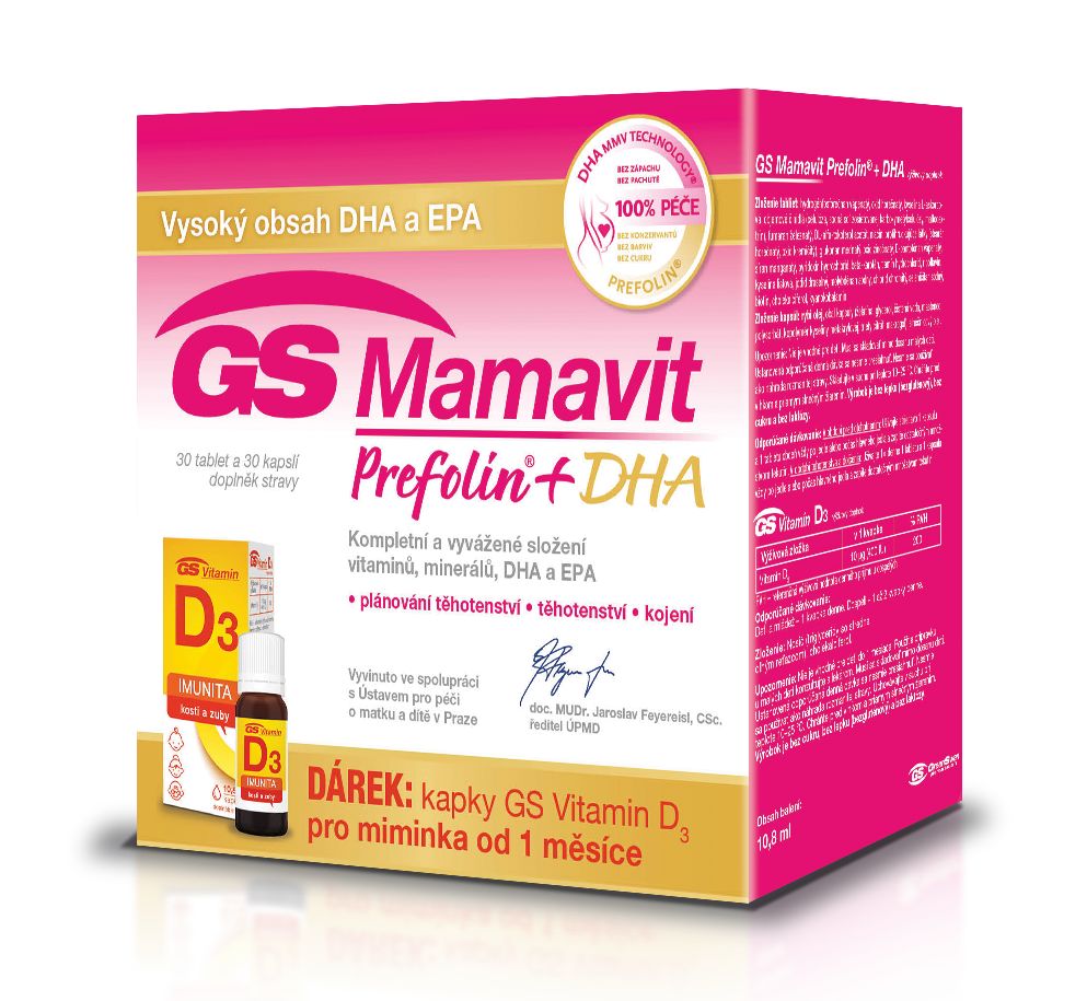 GS Mamavit Prefolin + DHA 30 tablet + 30 kapslí + dárek kapky GS Vitamin D3 10