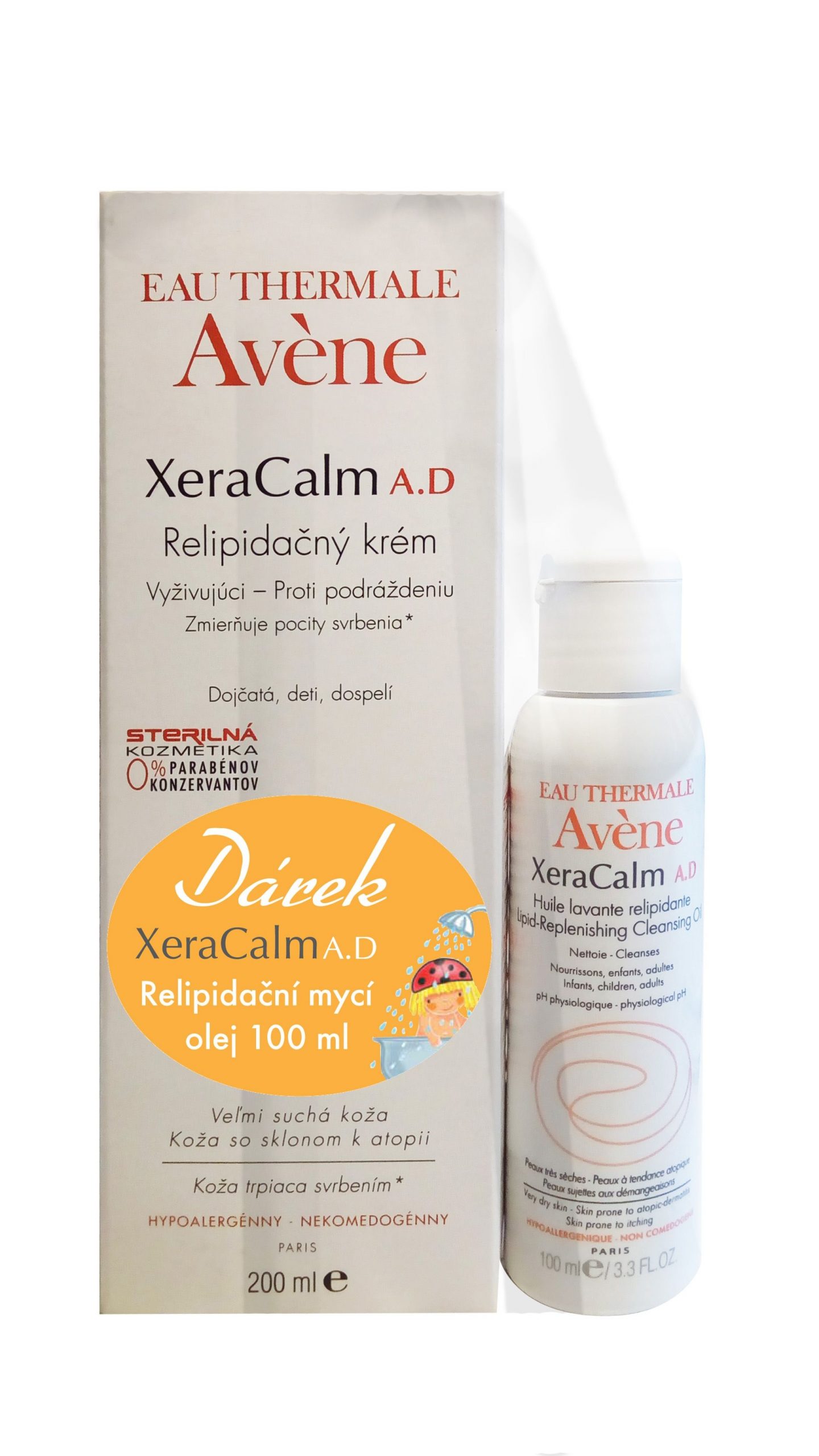 AVENE XeraCalm A.D Relipidační krém 200ml + Relipidační mycí olej 100ml Avène