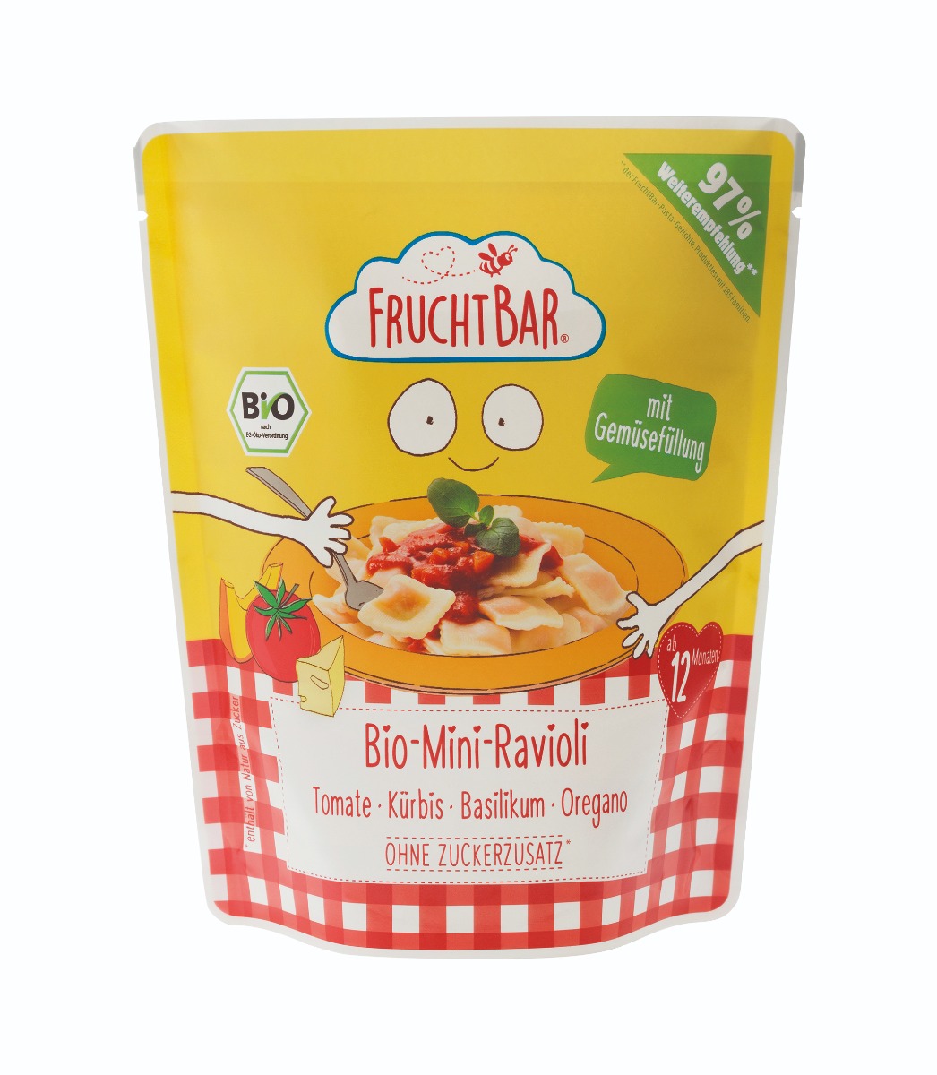 FruchtBar BIO Mini ravioly s rajčatovo-dýňovou omáčkou a bylinkami 190 g FruchtBar