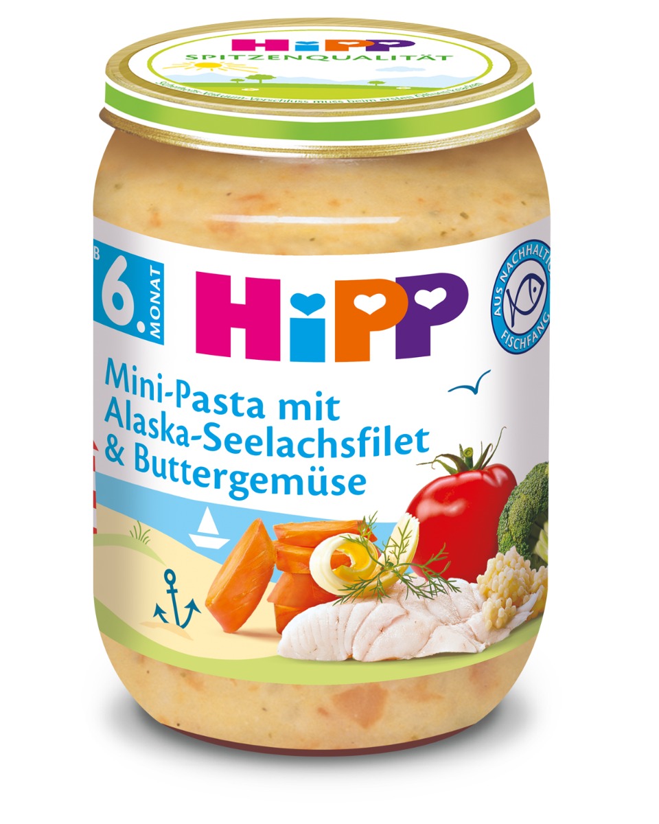 Hipp BABY MENU BIO Mini těstoviny s aljašskou treskou v máslové zelenině 190 g Hipp