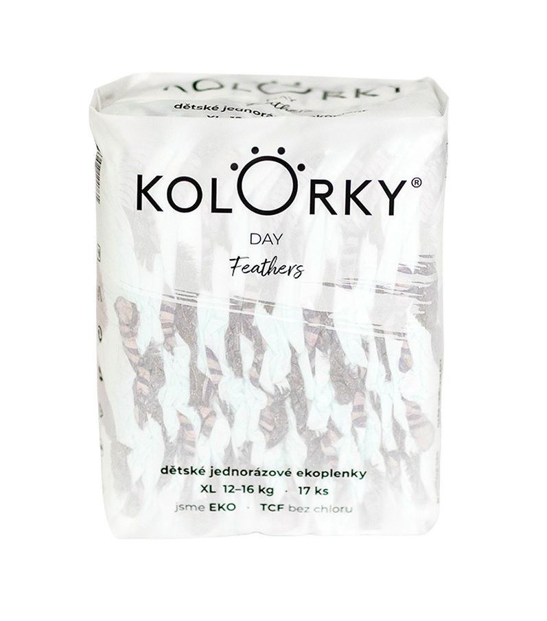 KOLORKY DAY Jednorázové eko plenky vel. XL 12-16 kg 17 ks peří KOLORKY