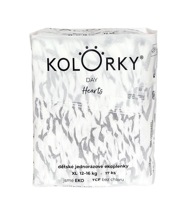 KOLORKY DAY Jednorázové eko plenky vel. XL 12-16 kg 17 ks srdce KOLORKY