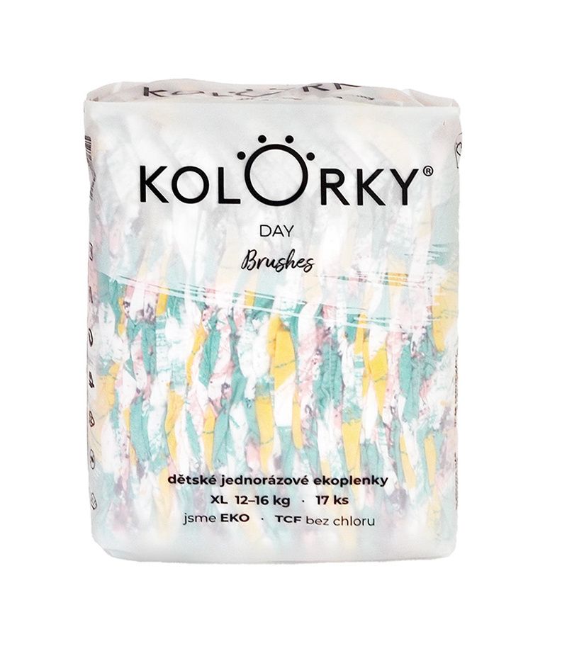 KOLORKY DAY Jednorázové eko plenky vel. XL 12-16 kg 17 ks štětce KOLORKY