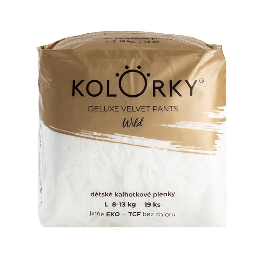 KOLORKY DELUXE VELVET PANTS Jednorázové kalhotkové eko plenky vel. L 8-13 kg 19 ks wild KOLORKY