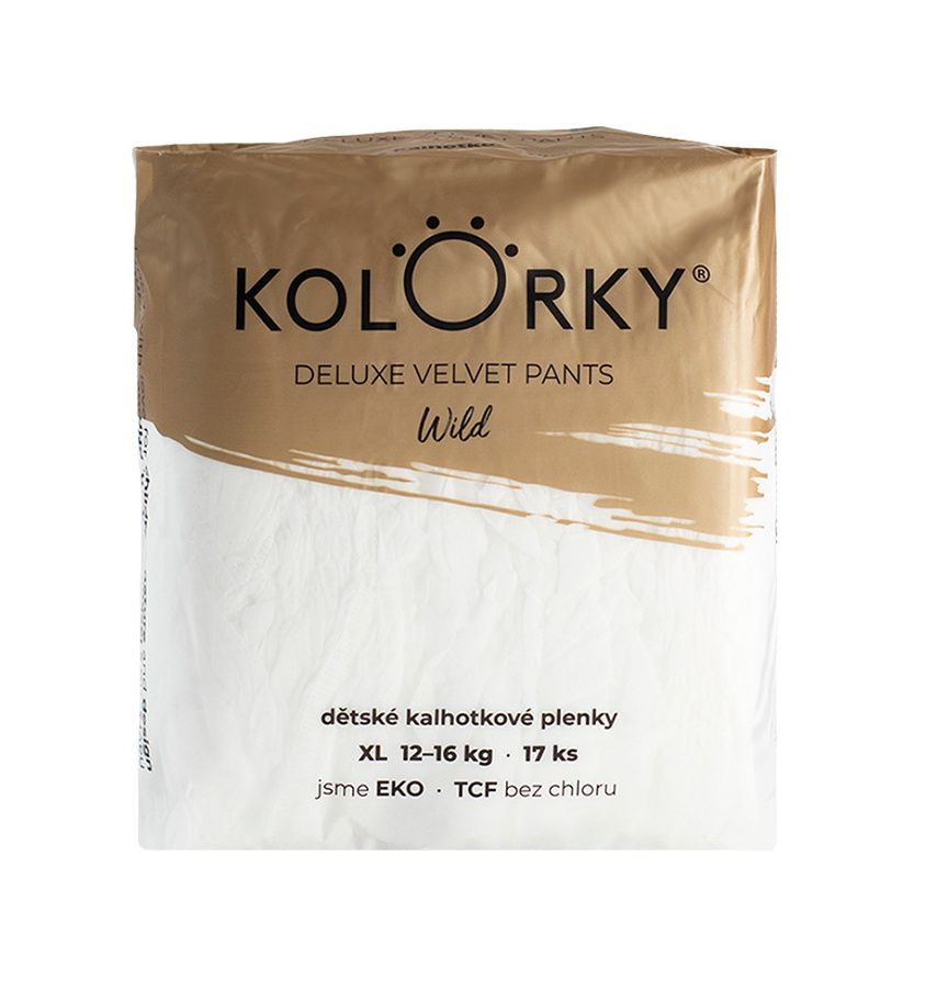 KOLORKY DELUXE VELVET PANTS Jednorázové kalhotkové eko plenky vel. XL 12-16 kg 17 ks wild KOLORKY