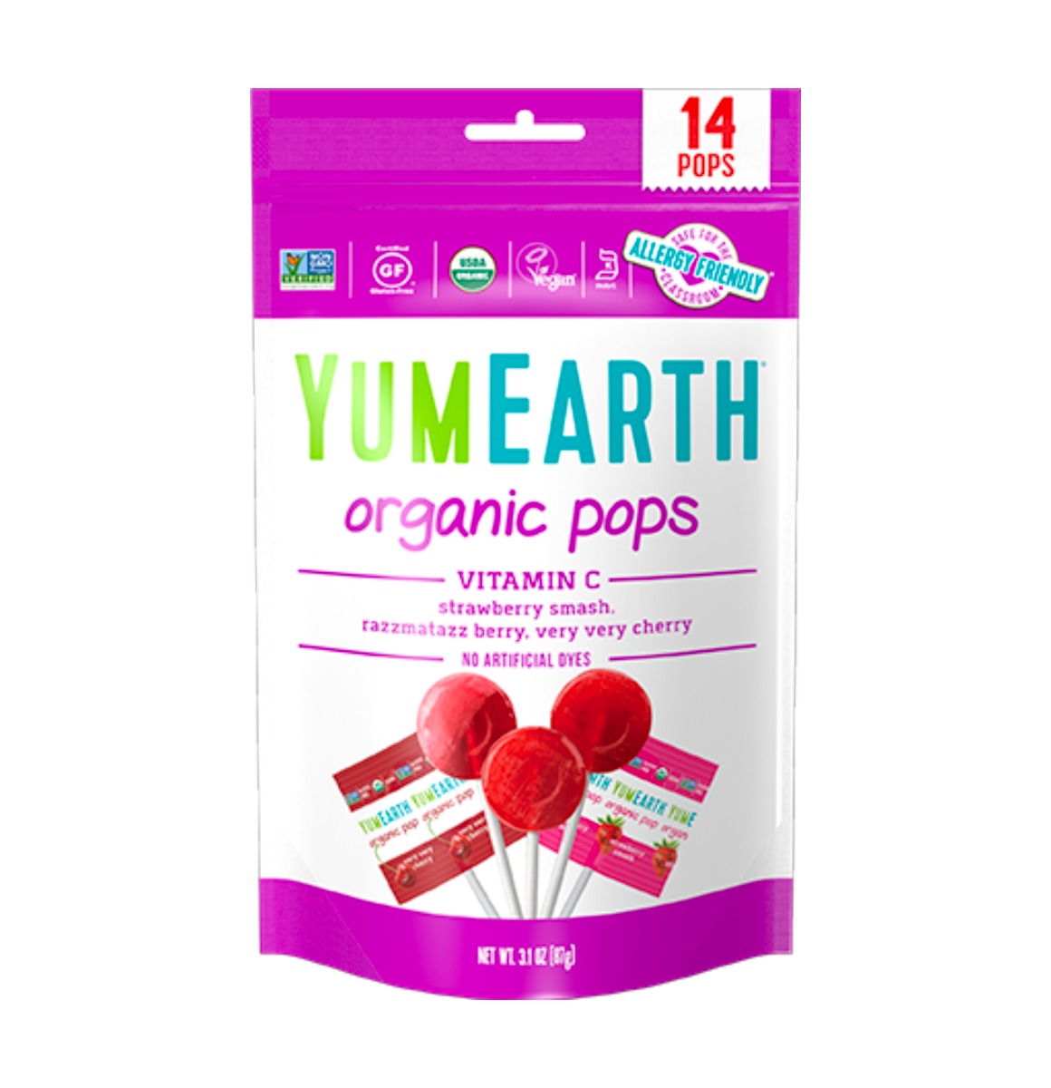 YumEarth BIO Ovocná lízátka s vitamínem C s příchutí jahody