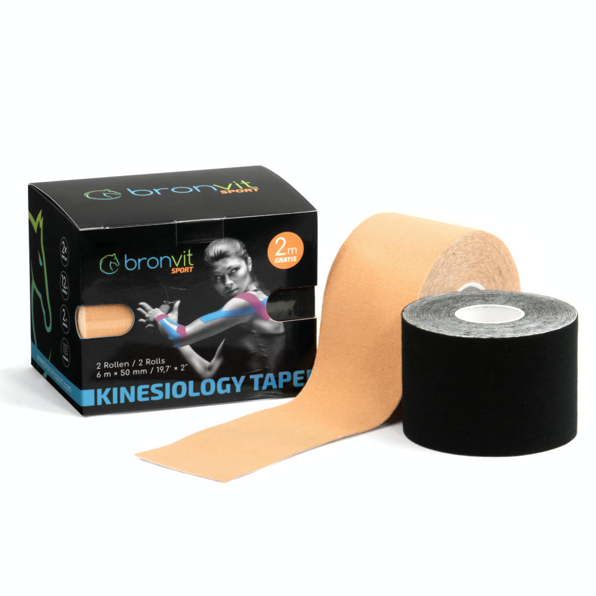 BronVit Sport Kinesio Tape set 5 cm x 6 m tejpovací páska 2 ks černá + béžová BronVit Sport