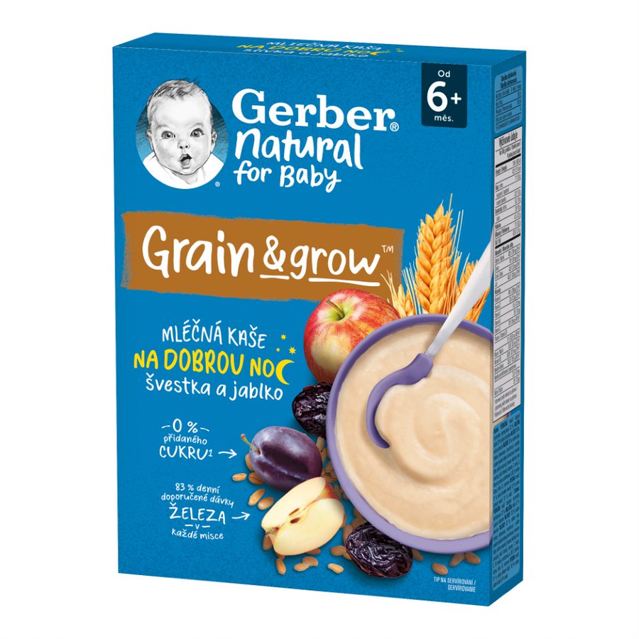 Gerber Natural for Baby Mléčná kaše na dobrou noc jablko+švestka 6m+ 220 g Gerber