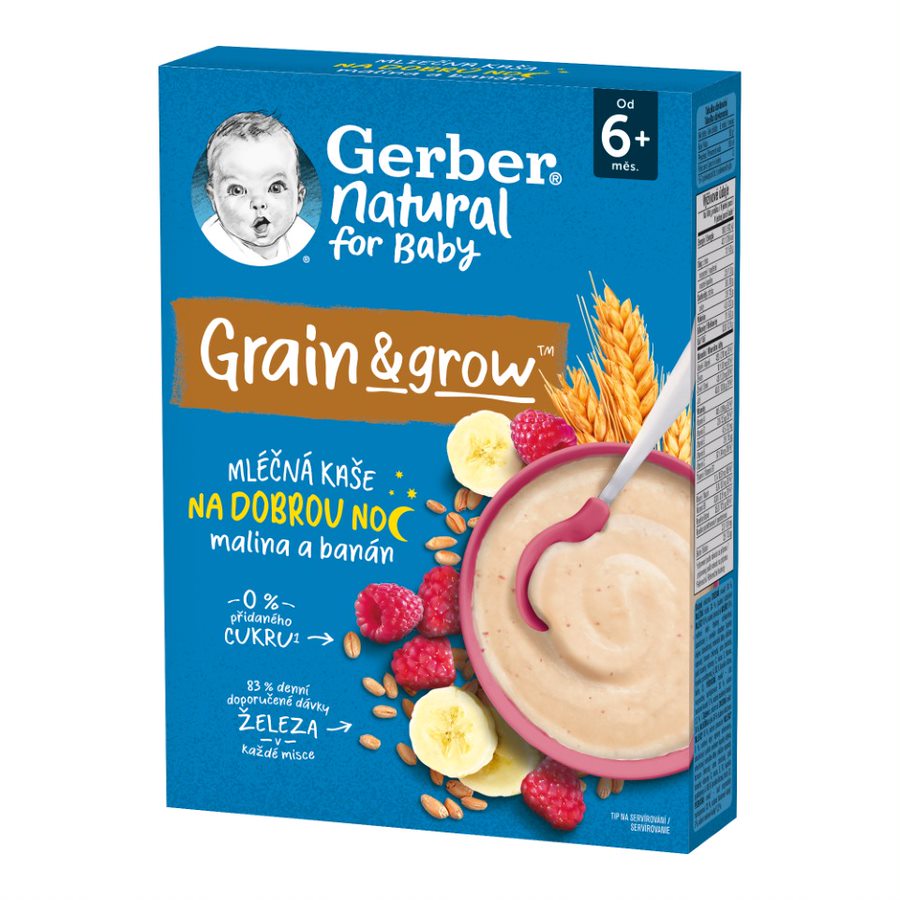 Gerber Natural for Baby Mléčná kaše na dobrou noc malina+banán 6m+ 220 g Gerber