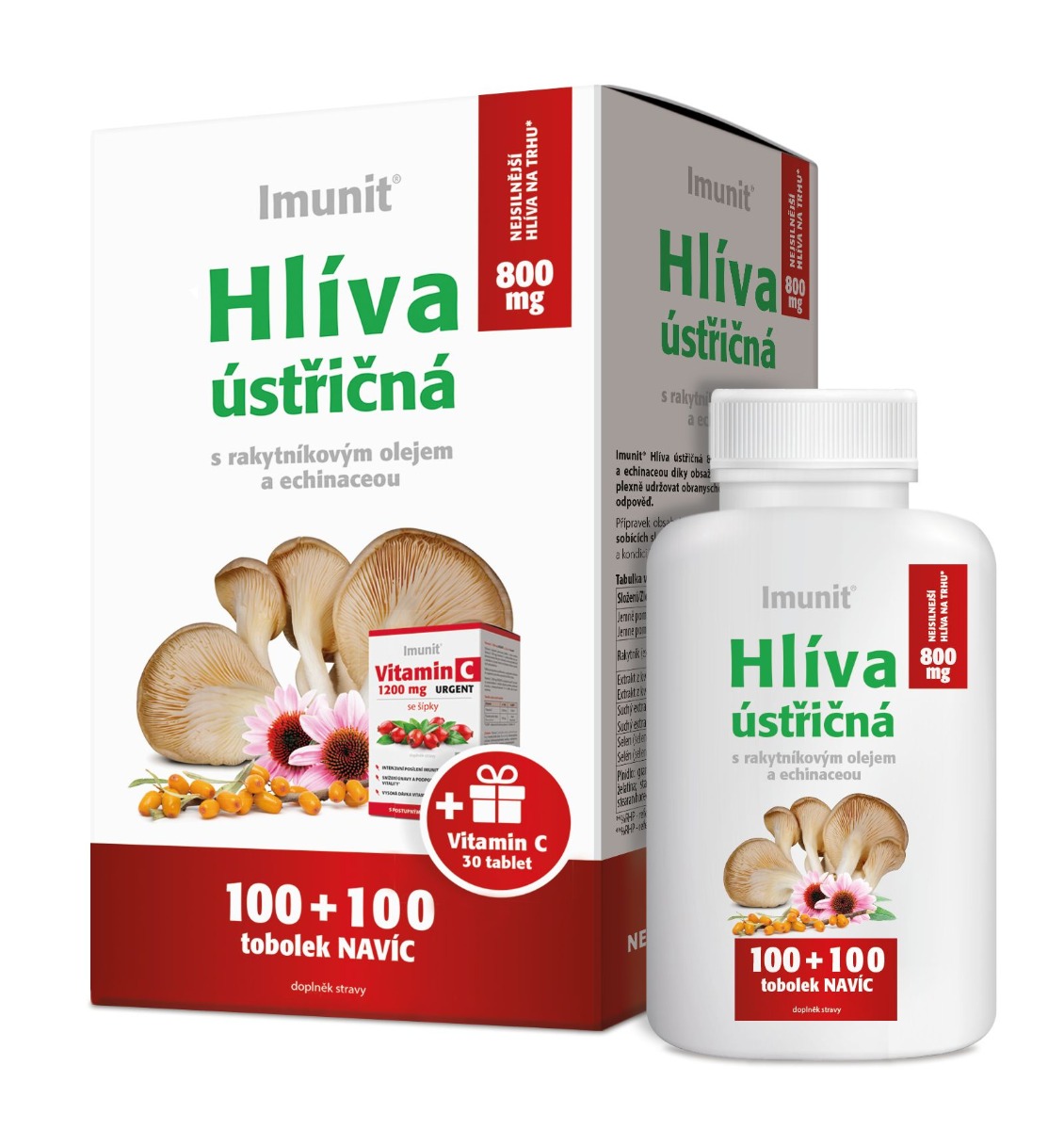 Imunit Hlíva ústřičná 800 mg s rakytníkovým olejem a echinaceou 100+100 tobolek + Vitamin C 30 tablet Imunit