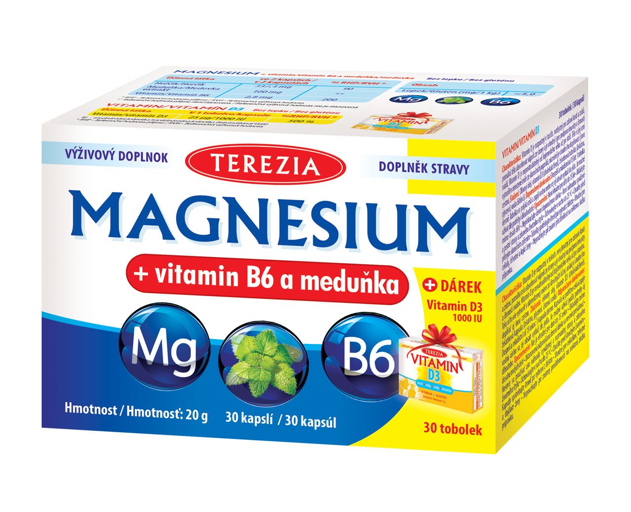 Terezia Magnesium + vitamin B6 a meduňka 30 kapslí + dárek Vitamin D3 1000 IU 30 tobolek Terezia