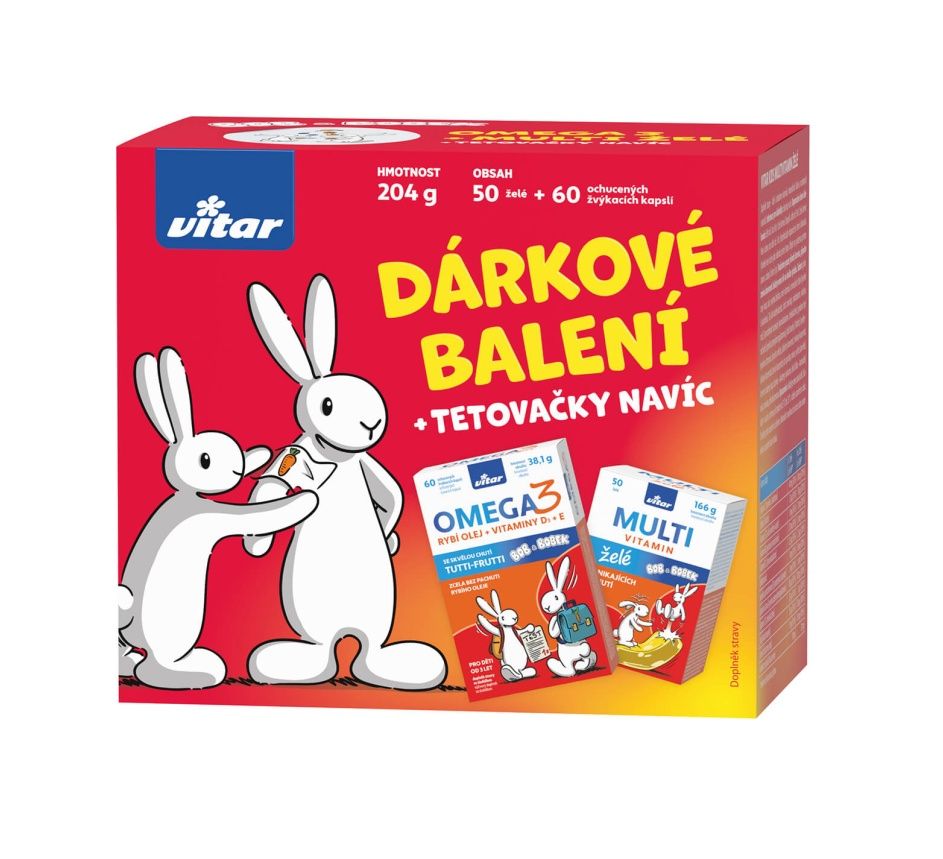 Vitar Kids Omega 60 kapslí + Multivitamin želé 50 ks dárkové balení + navíc tetovačky Vitar