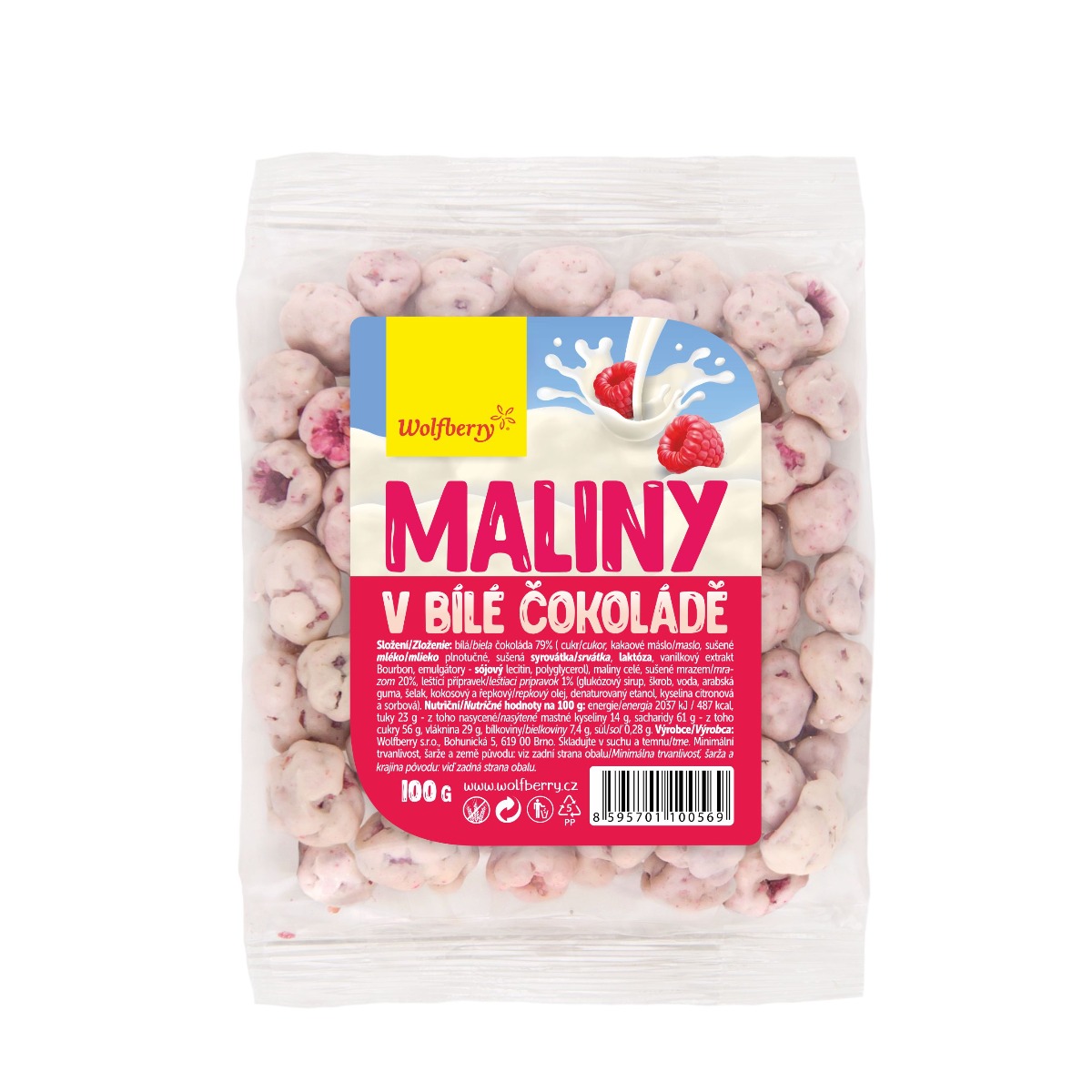 Wolfberry Maliny lyofilizované v bílé čokoládě 100 g Wolfberry