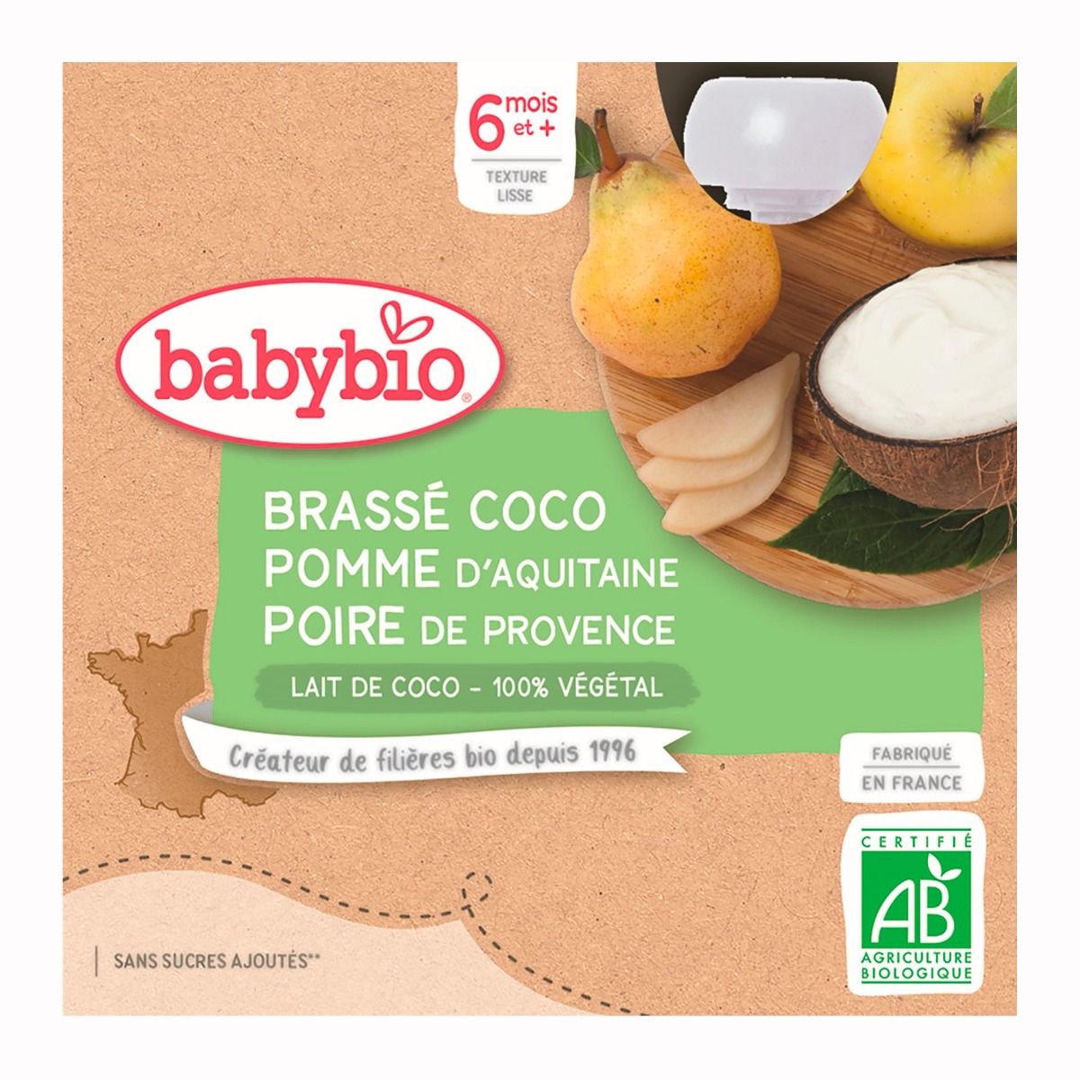 Babybio Brassé Svačinka s kokosovým mlékem jablko a hruška kapsičky 4x85 g Babybio
