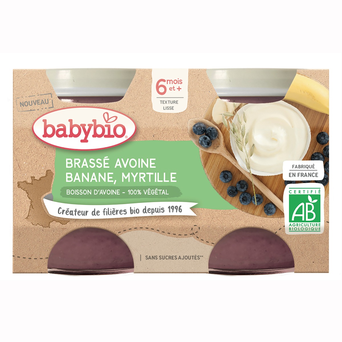 Babybio Brassé Svačinka z ovesného mléka s banánem a borůvkami 2x130 g Babybio