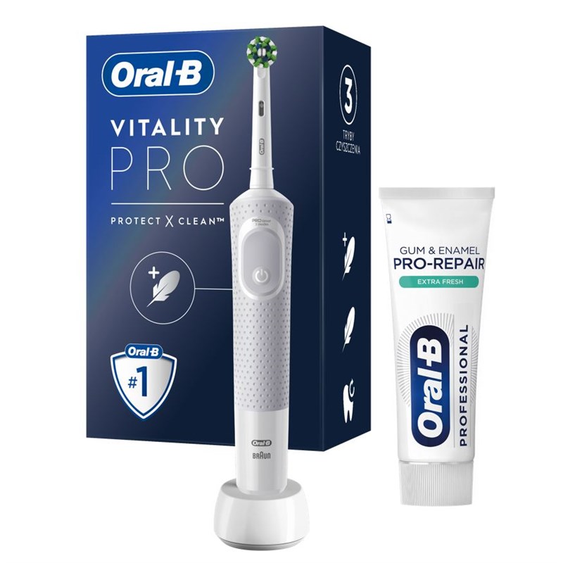 Oral-B Vitality PRO XD103 White elektrický zubní kartáček +Oral-B zubní pasta PRO-REPAIR 75 ml Oral-B