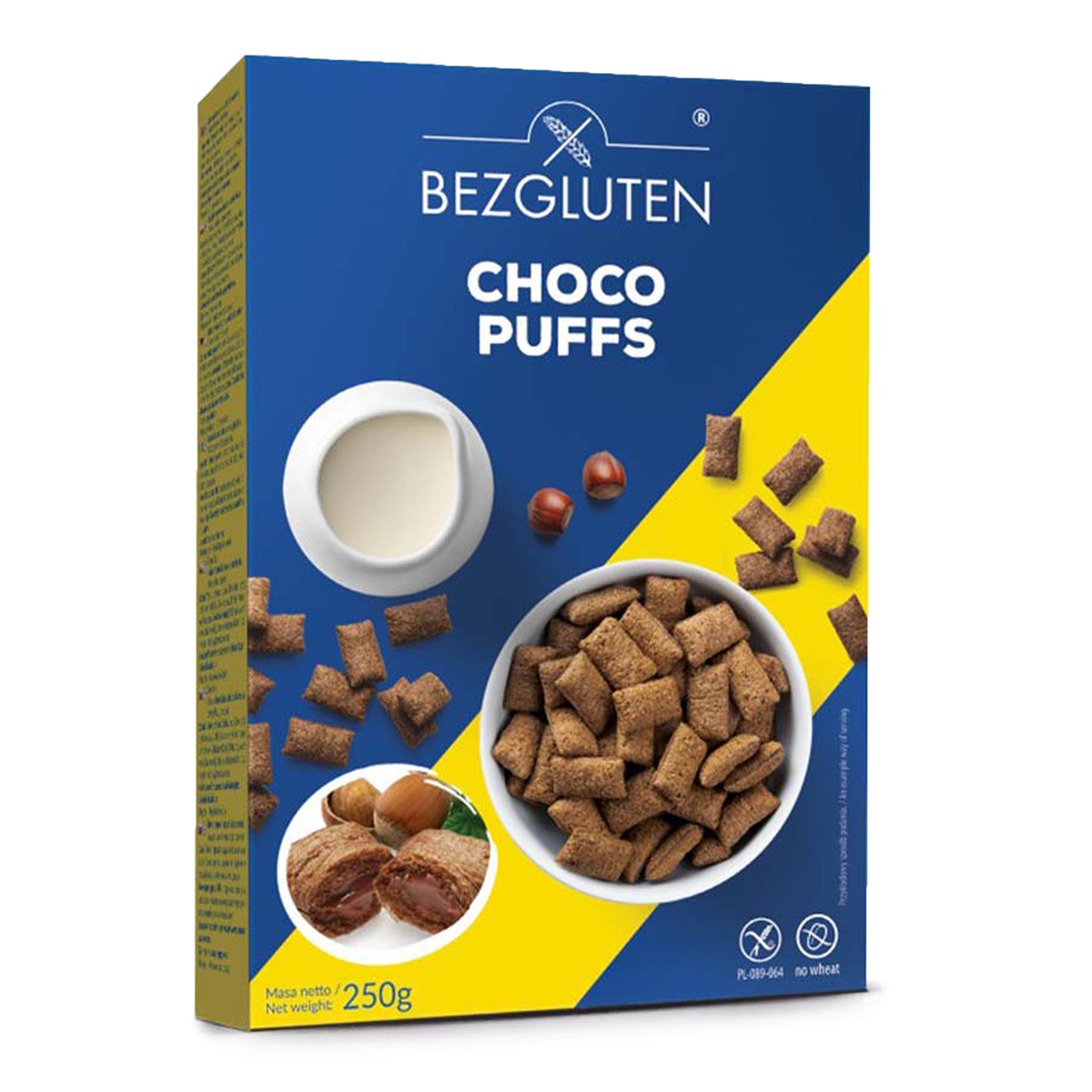 BEZGLUTEN Choco Puffs polštářky s lískooříškovou náplní 250 g BEZGLUTEN