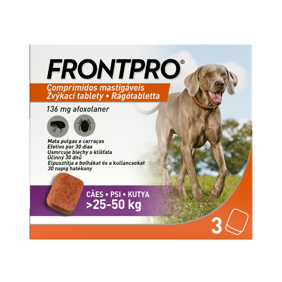 FRONTPRO Žvýkací tablety pro psy 25-50 kg 136 mg 3 tablety FRONTPRO