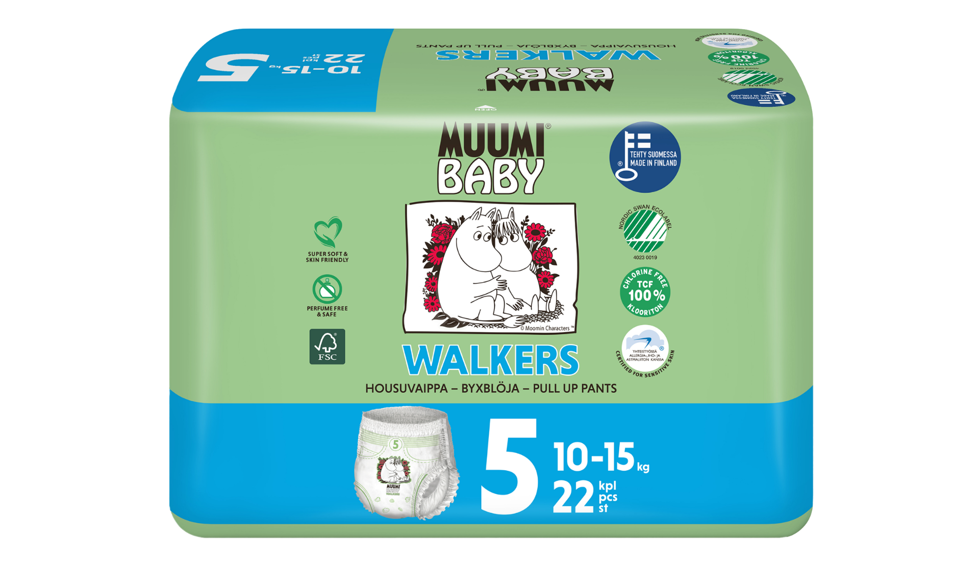 Muumi Baby Pants 5 Maxi+ 10–15 kg eko kalhotky 22 ks Muumi Baby