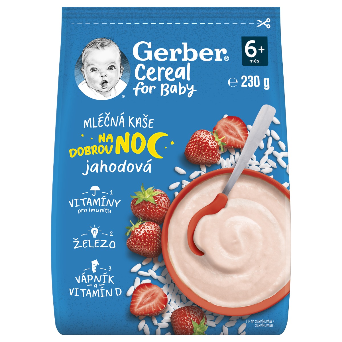 Gerber Cereal for Baby Mléčná kaše na dobrou noc jahodová 6m+ 230 g Gerber