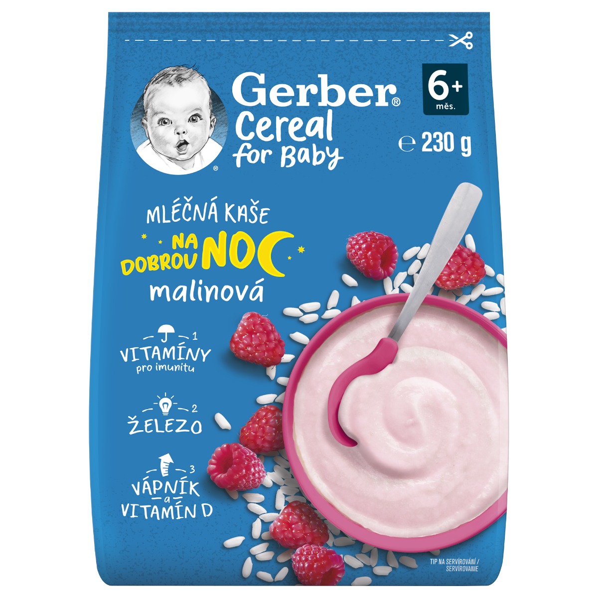 Gerber Cereal for Baby Mléčná kaše na dobrou noc malinová 6m+ 230 g Gerber
