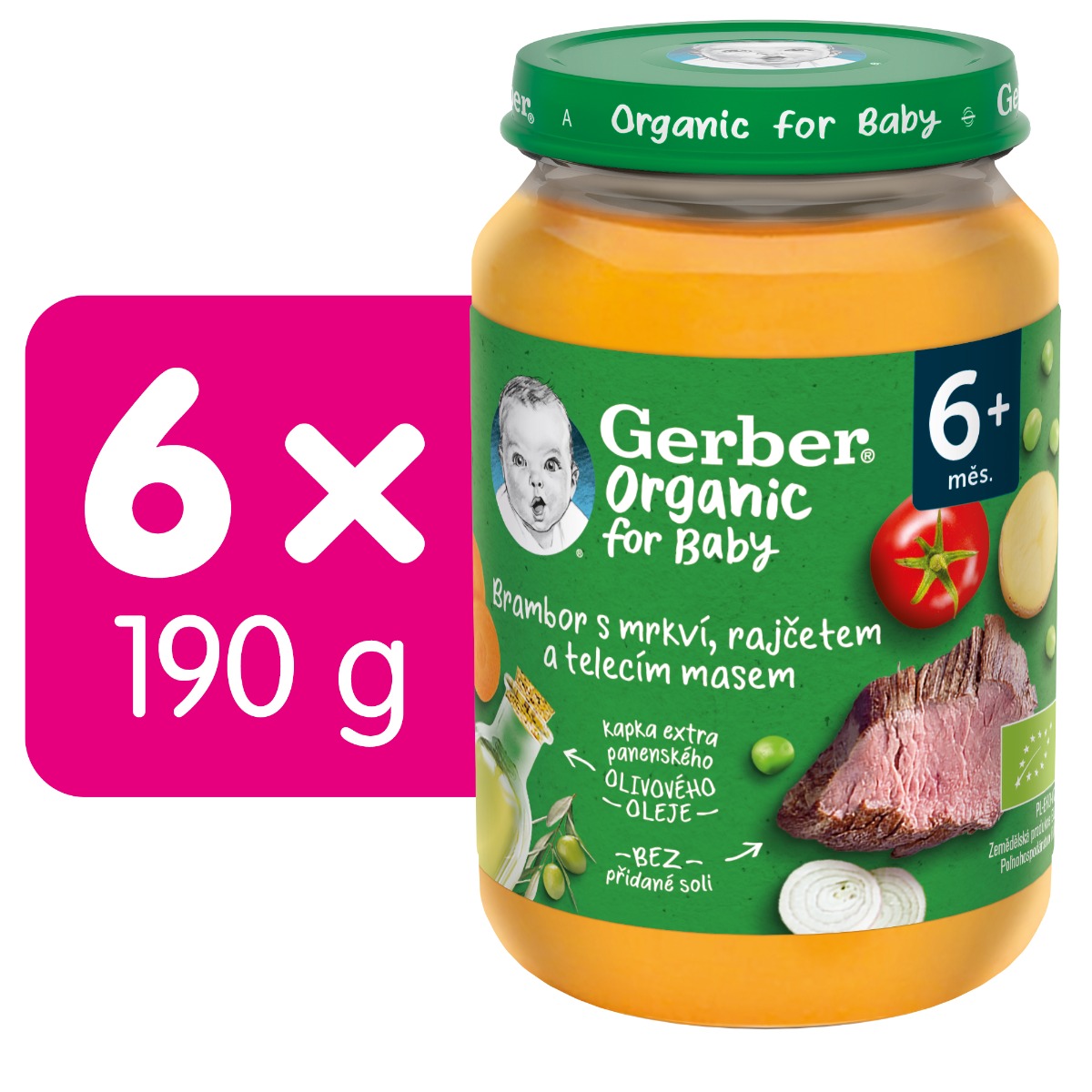 Gerber Organic for Baby Zelenina s telecím masem BIO 6m+ 6x190 g Gerber