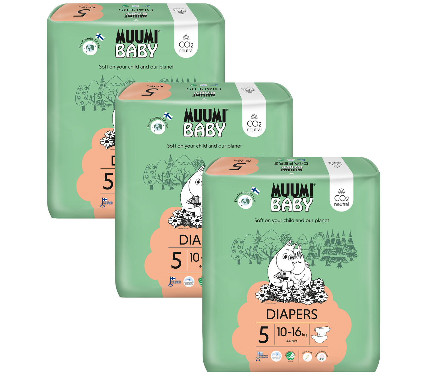 Muumi Baby 5 Maxi+ 10–16 kg eko pleny 132 ks Muumi Baby