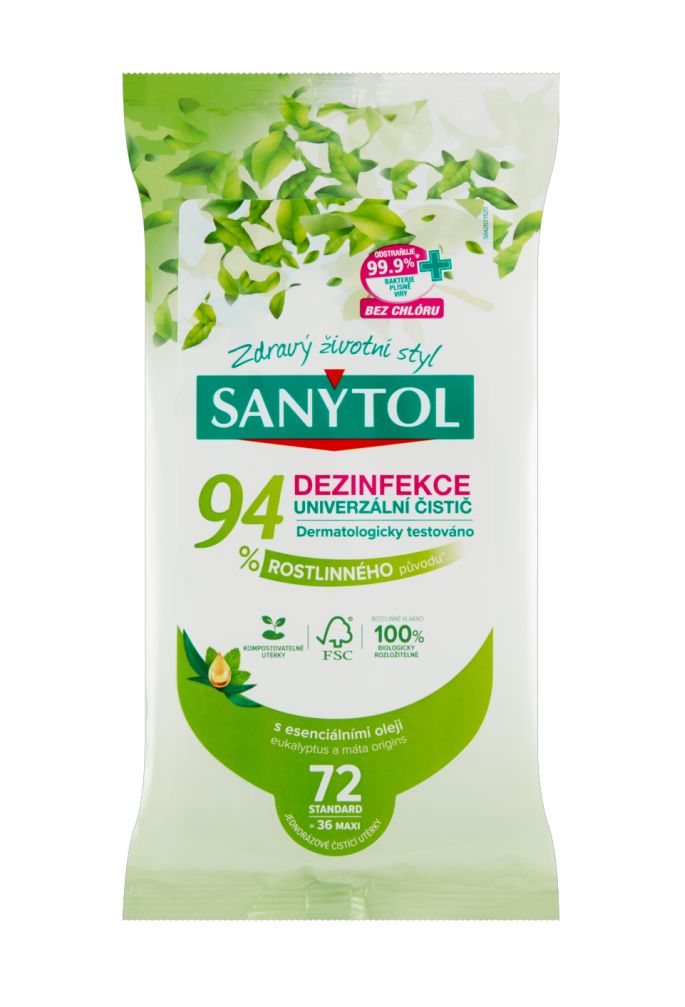 Sanytol Dezinfekční utěrky 94 % rostlinného původu 72 ks Sanytol