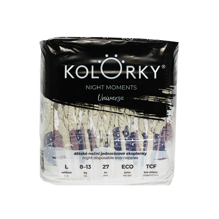 KOLORKY NIGHT MOMENTS Noční jednorázové eko plenky vel. L 8-13 kg 27 ks vesmír KOLORKY