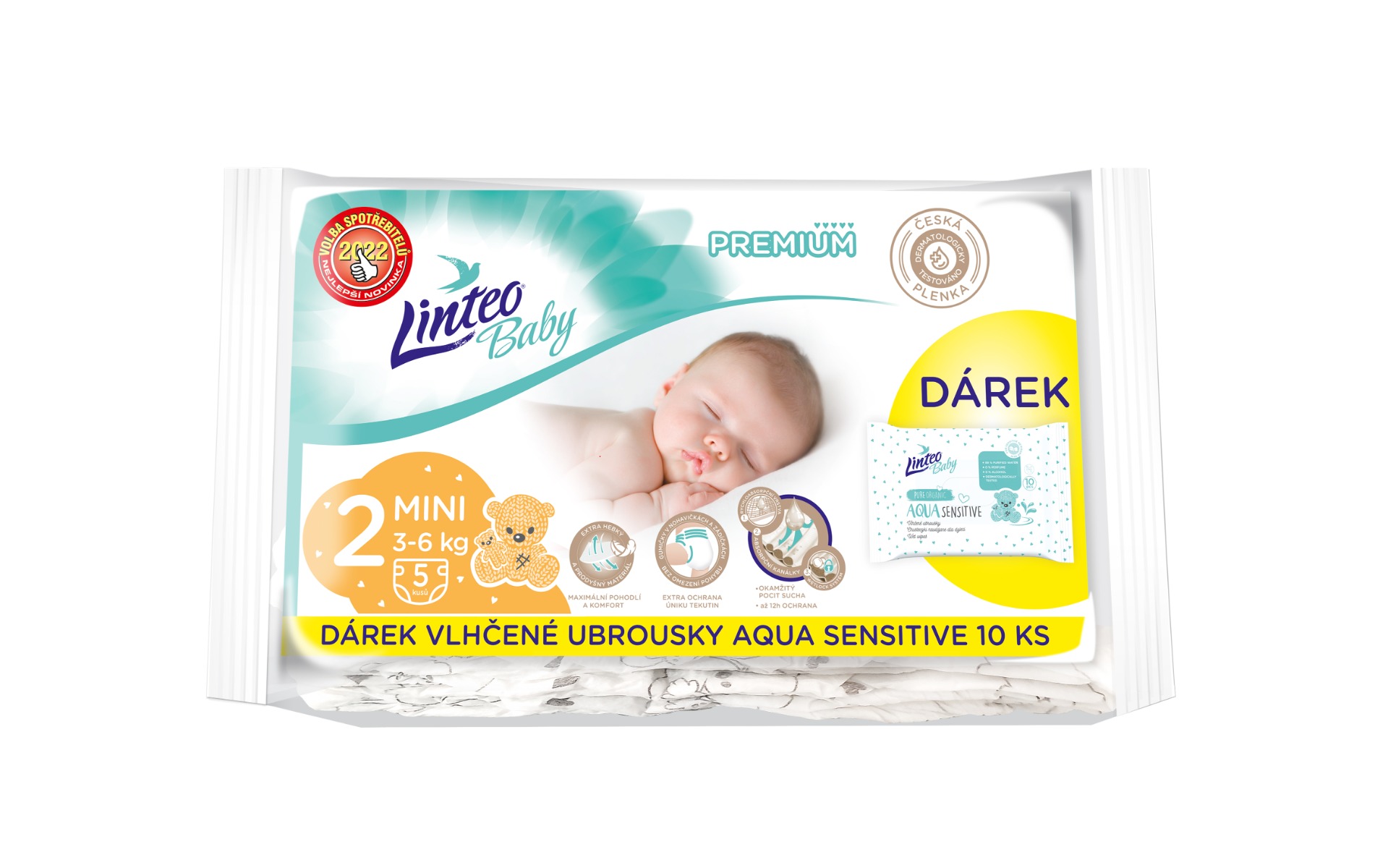 Linteo Baby PREMIUM 2 Mini 3-6 kg dětské plenky 5 ks +dárek Linteo Baby