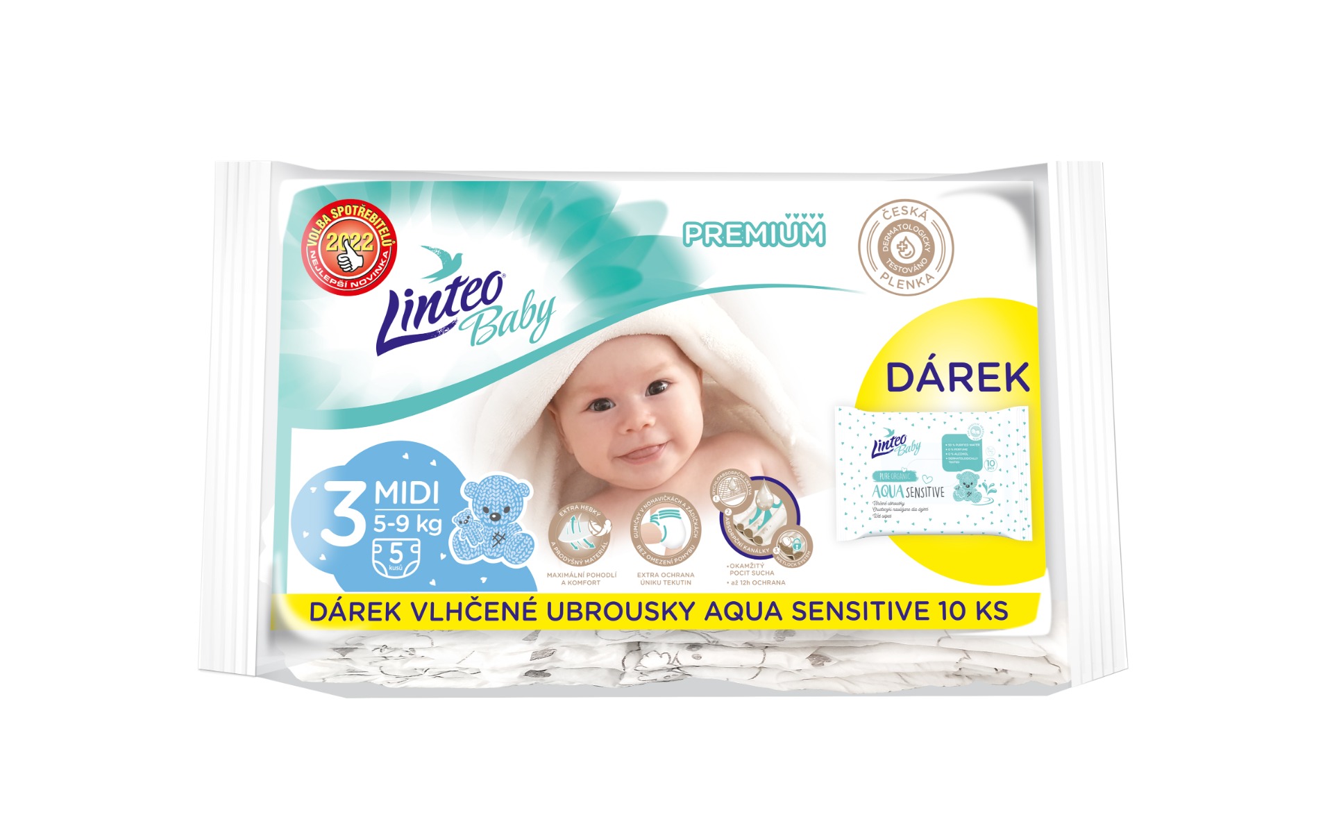 Linteo Baby PREMIUM 3 Midi 5-9 kg dětské plenky 5 ks +dárek Linteo Baby