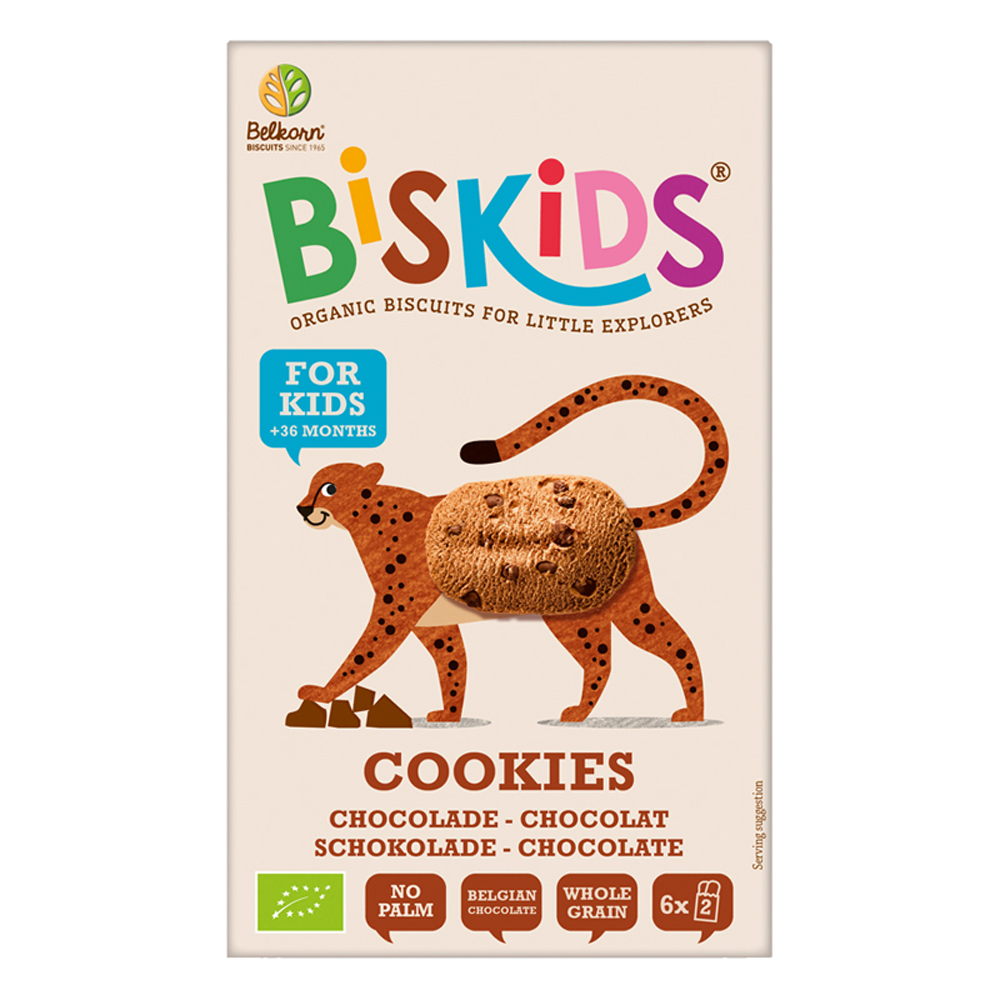 Biskids BIO dětské celozrnné sušenky s belgickou čokoládou 120 g Biskids
