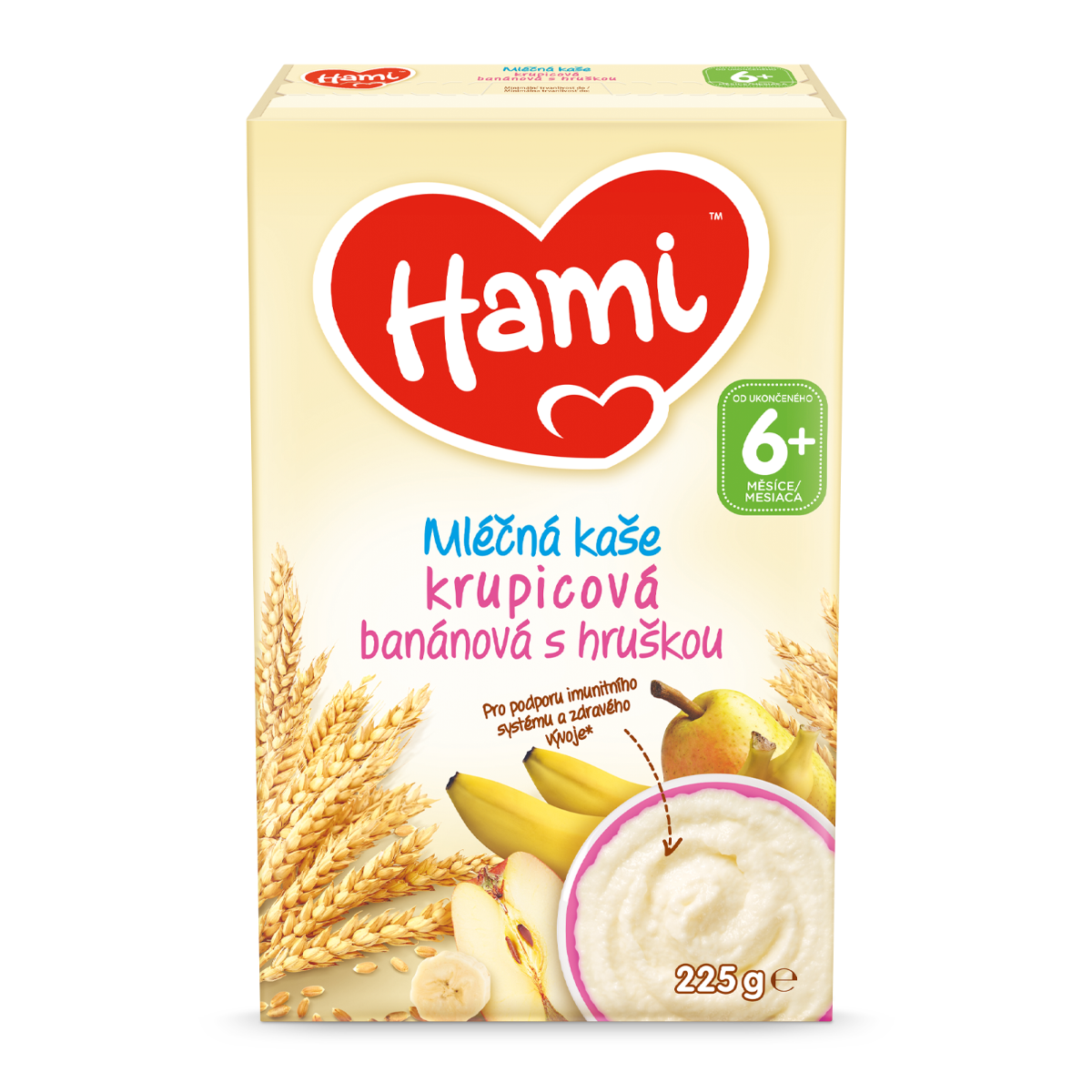 Hami Mléčná kaše krupicová banánová s hruškou 225 g Hami