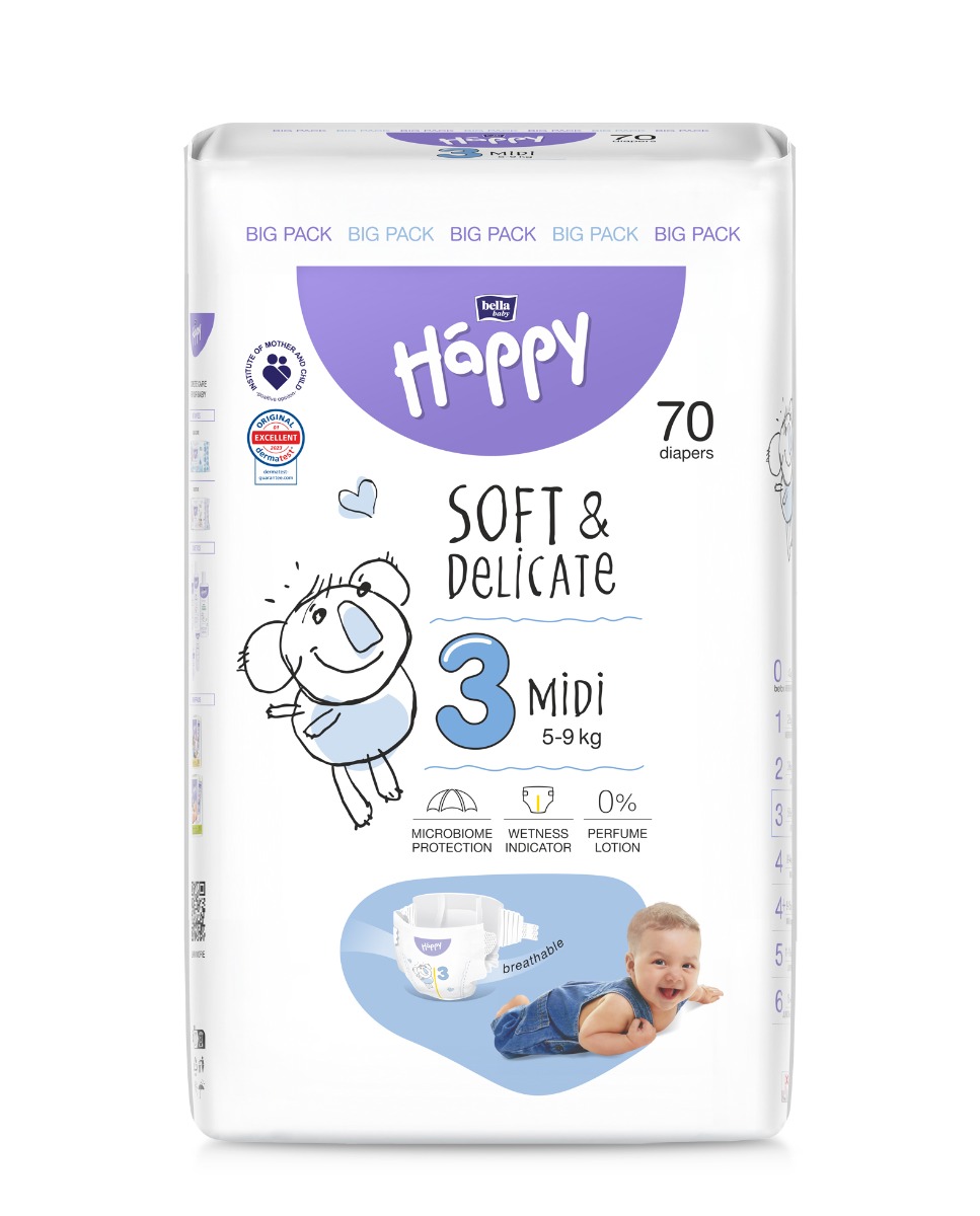 Bella Baby Happy Soft&Delicate 3 Midi 5–9 kg dětské pleny 70 ks Bella